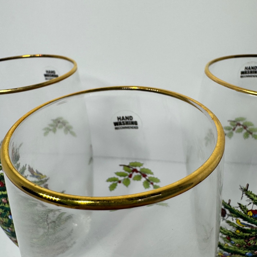 Spode Christmas Tree 6" Holiday Glass Tumblers 16oz Gold Rim Set of 4 with Box - Picture 3 of 11